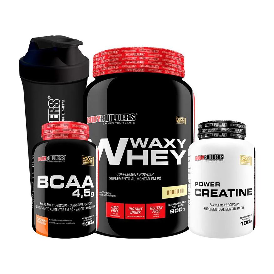 Bodybuilders Kit Waxy Whey 900g + Power Creatina 100g + Bcaa 100g + Coqueteleira - Baunilha