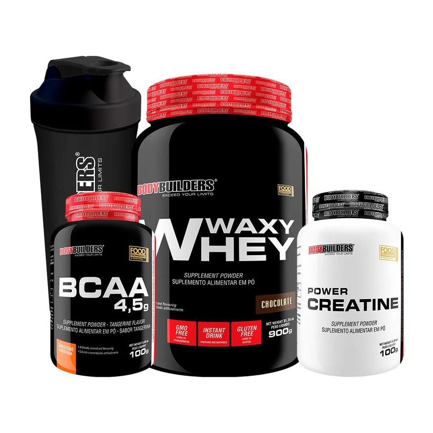 Bodybuilders Kit Waxy Whey 900g + Power Creatina 100g + Bcaa 100g + Coqueteleira - Chocolate