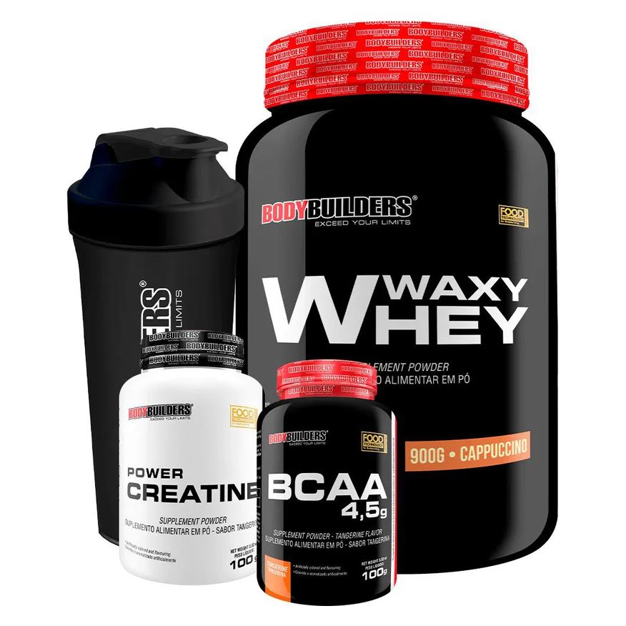 Bodybuilders Kit Waxy Whey 900g + Power Creatina 100g + Bcaa 100g + Coqueteleira - Cappuccino