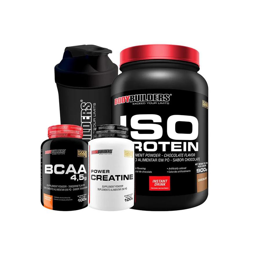 Bodybuilders Kit Iso Protein 900g + Power Creatina 100g + Bcaa 100g + Coqueteleira Sabor: Chocolate