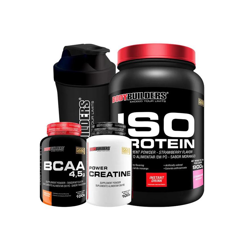 Bodybuilders Kit Iso Protein 900g + Power Creatina 100g + Bcaa 100g + Coqueteleira Sabor: Morango