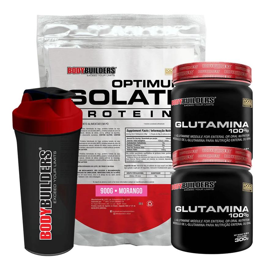 Bodybuilders Kit Optimum Isolate Whey Protein 900g + 2x Glutamina 300g + Coqueteleira Morango