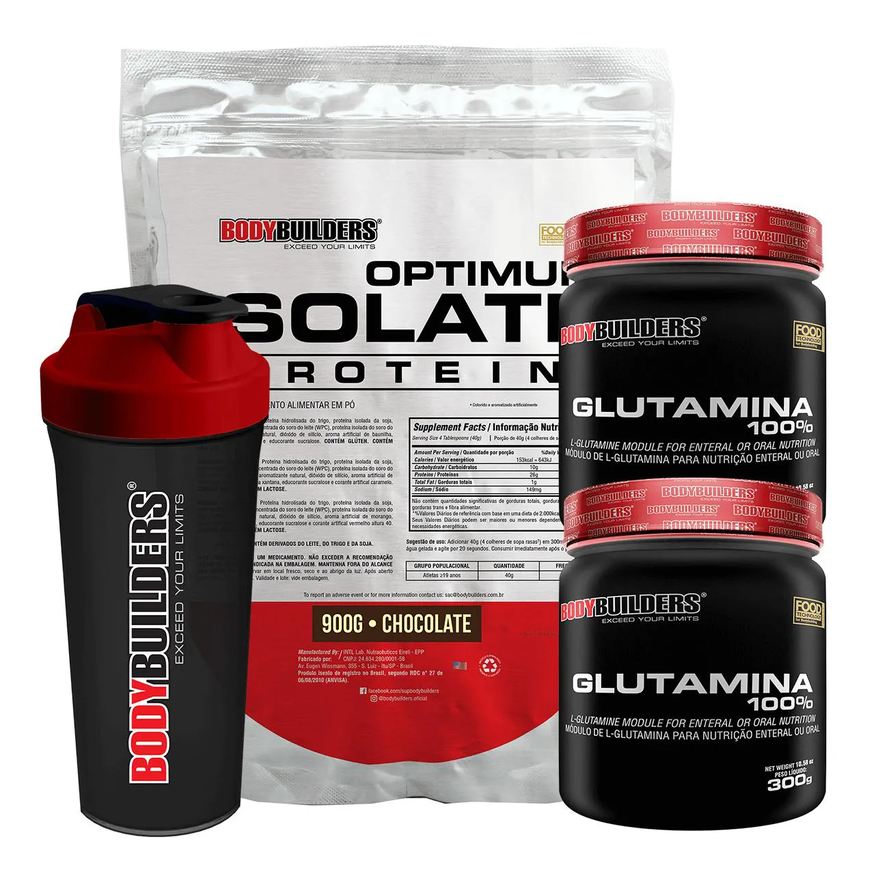 Bodybuilders Kit Optimum Isolate Whey Protein 900g + 2x Glutamina 300g + Coqueteleira Sabor Chocolate
