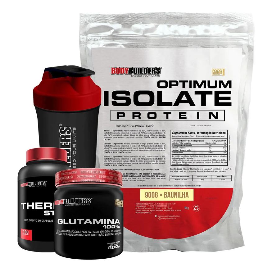 Bodybuilders Kit Optimum Isolate Whey Protein 900g + Thermo Start 100 cápsulas + Glutamina 300g + Coqueteleira Sabor Baunilha