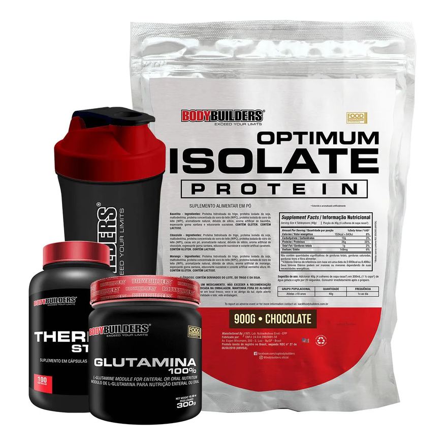 Bodybuilders Kit Optimum Isolate Whey Protein 900g + Thermo Start 100 cápsulas + Glutamina 300g + Coqueteleira Sabor Chocolate