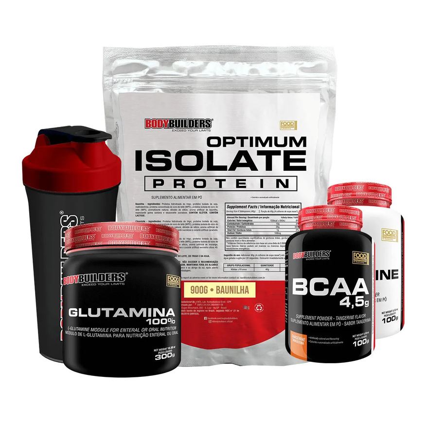 Bodybuilders Kit Optimum Isolate Whey Protein 900g +bcaa 100g +creatina 100g +glutamina 300g + Coqueteleira Sabor Baunilha