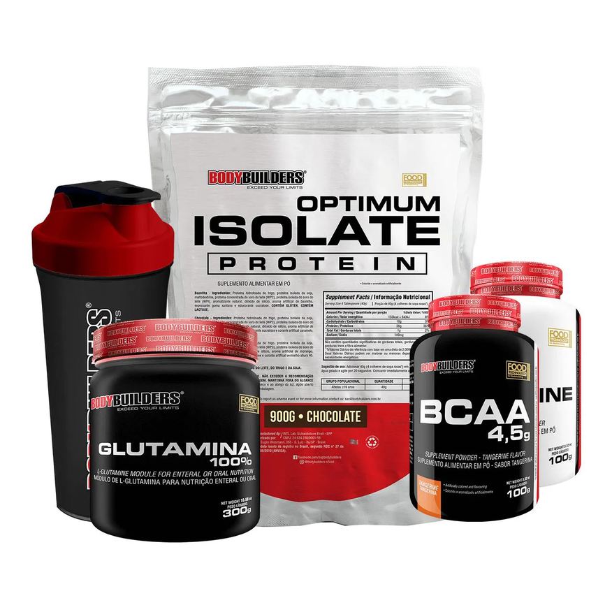 Bodybuilders Kit Optimum Isolate Whey Protein 900g +bcaa 100g +creatina 100g +glutamina 300g + Coqueteleira Sabor Chocolate