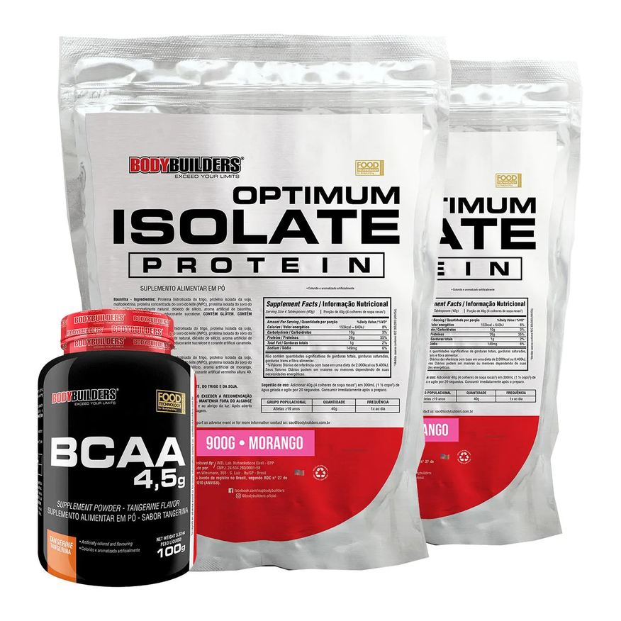 Bodybuilders Kit 2x Optimum Isolate Whey Protein 900g + Bcaa 100g - Sabor Morango