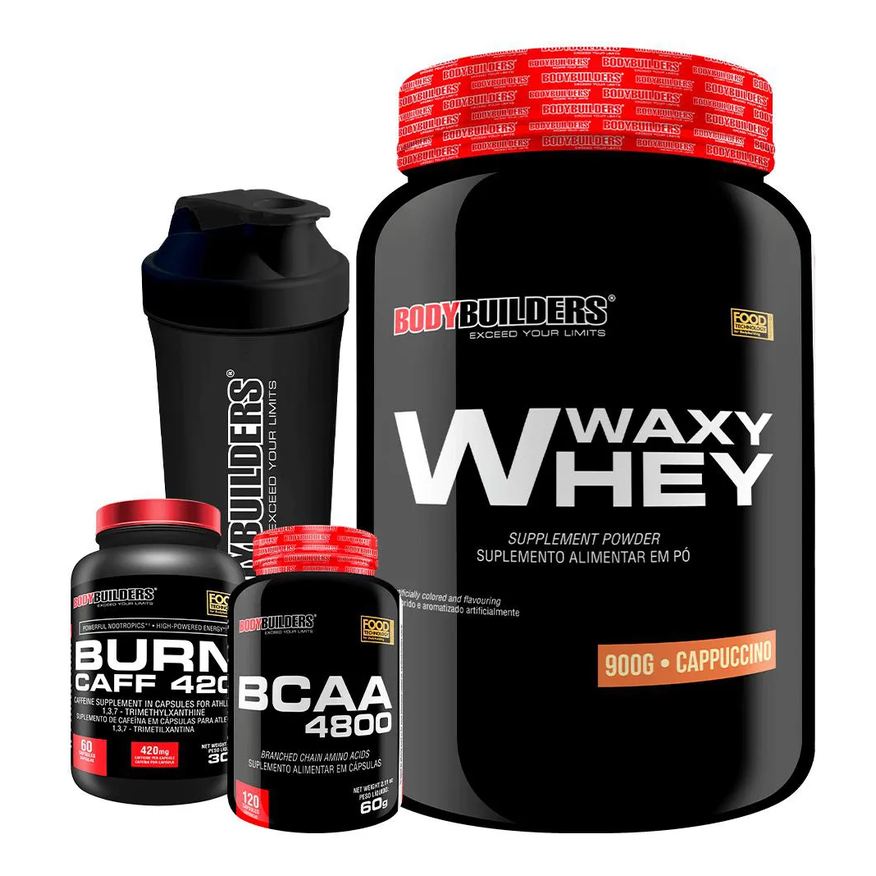 Bodybuilders Kit Waxy Whey 900g + Bcaa 4800 120 cápsulas + Pré Treino 60 cápsulas + Coqueteleira - Chocolate