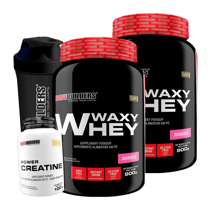 Bodybuilders Kit 2x Whey Protein Waxy Whey 900g + Power Creatina 100g + Coqueteleira - Morango