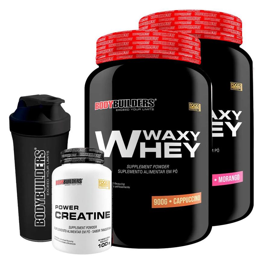 Bodybuilders Kit 2x Whey Protein Waxy Whey 900g + Power Creatina 100g + Coqueteleira - Morango e Cappuccino