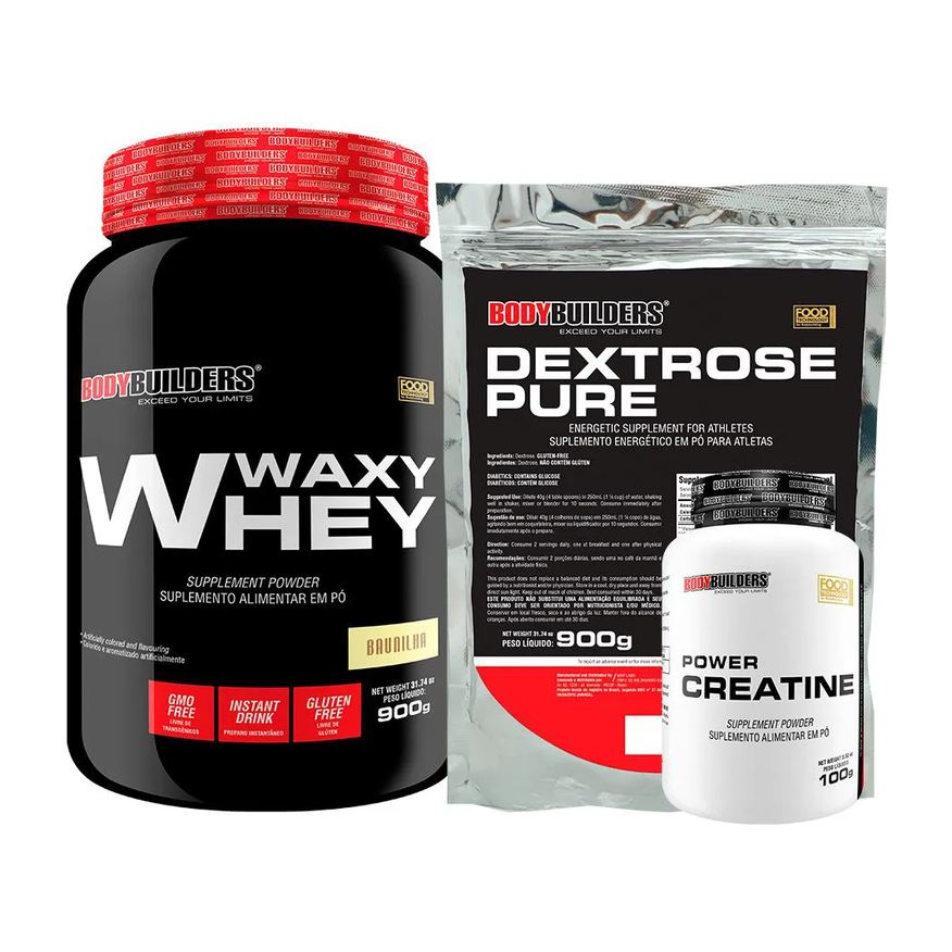 Bodybuilders Kit Waxy Whey Protein 900g + Creatina 100g + Dextrose 900g - Baunilha