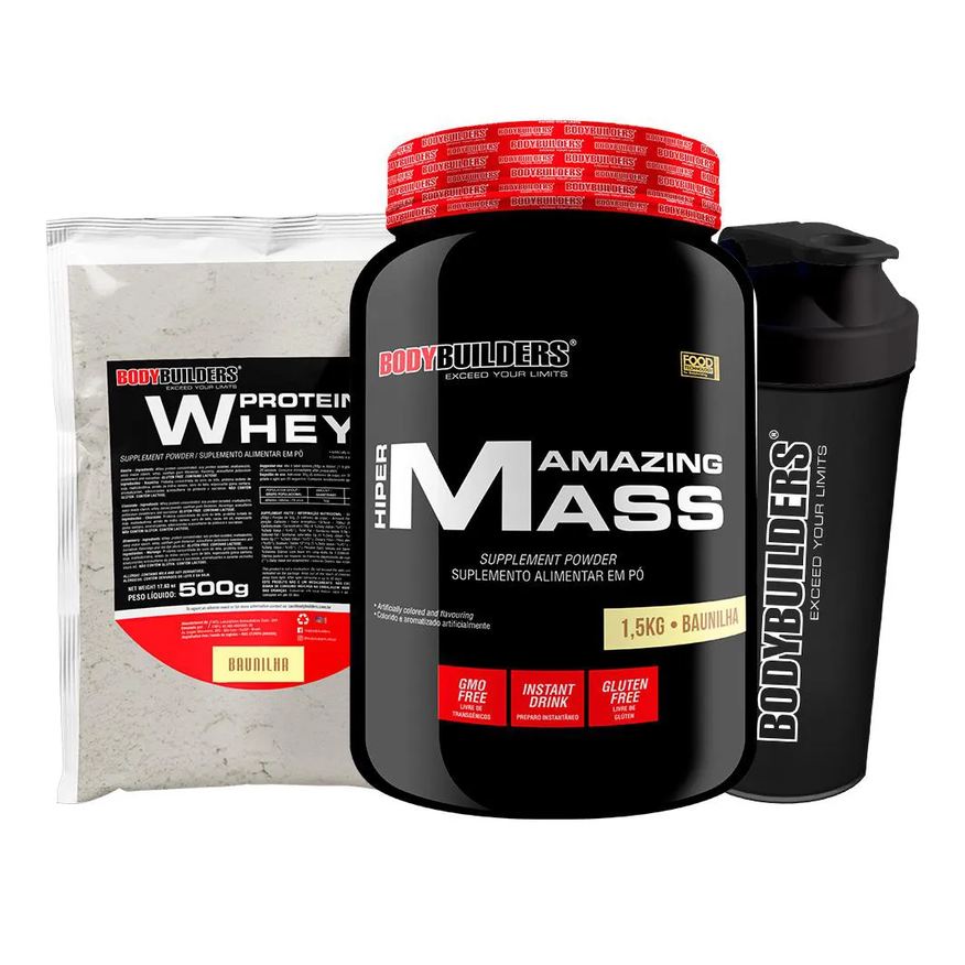 Bodybuilders Kit Amazing Mass 1,5kg + Whey Protein 500g + Coqueteleira - Sabor Baunilha