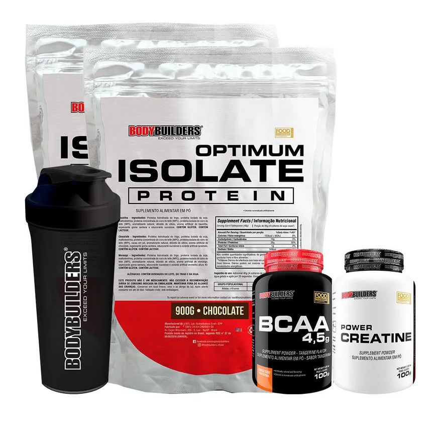 Bodybuilders Kit 2x Optimum Isolate Whey Protein 900g + Power Creatina 100g + Bcaa 100g + Coqueteleira - Sabor Chocolate
