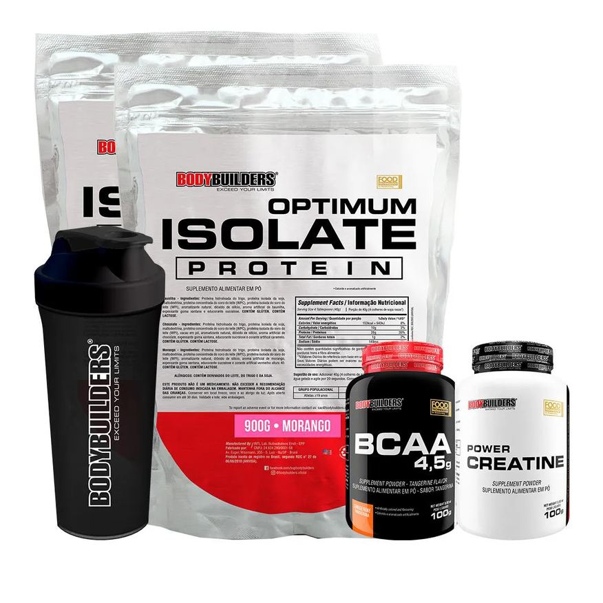 Bodybuilders Kit 2x Optimum Isolate Whey Protein 900g + Power Creatina 100g + Bcaa 100g + Coqueteleira - Sabor Morango