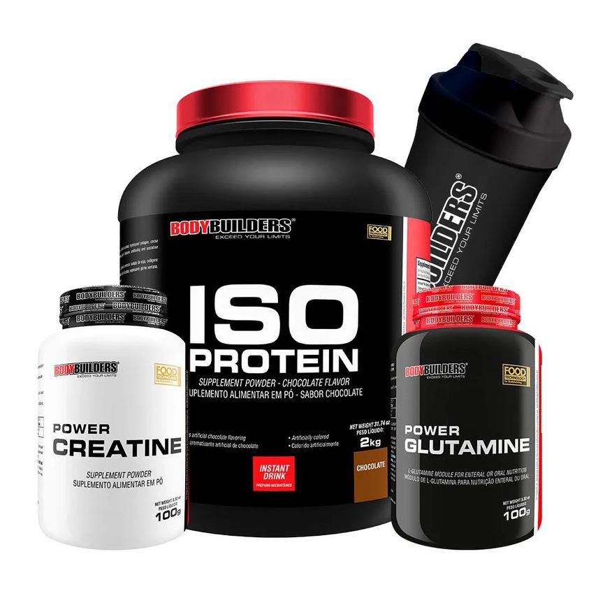 BodyBuilders Kit ISO Protein Chocolate 2kg + Creatina Power Creatine 100g + Glutamina Power Glutamine 100g + Coqueteleira