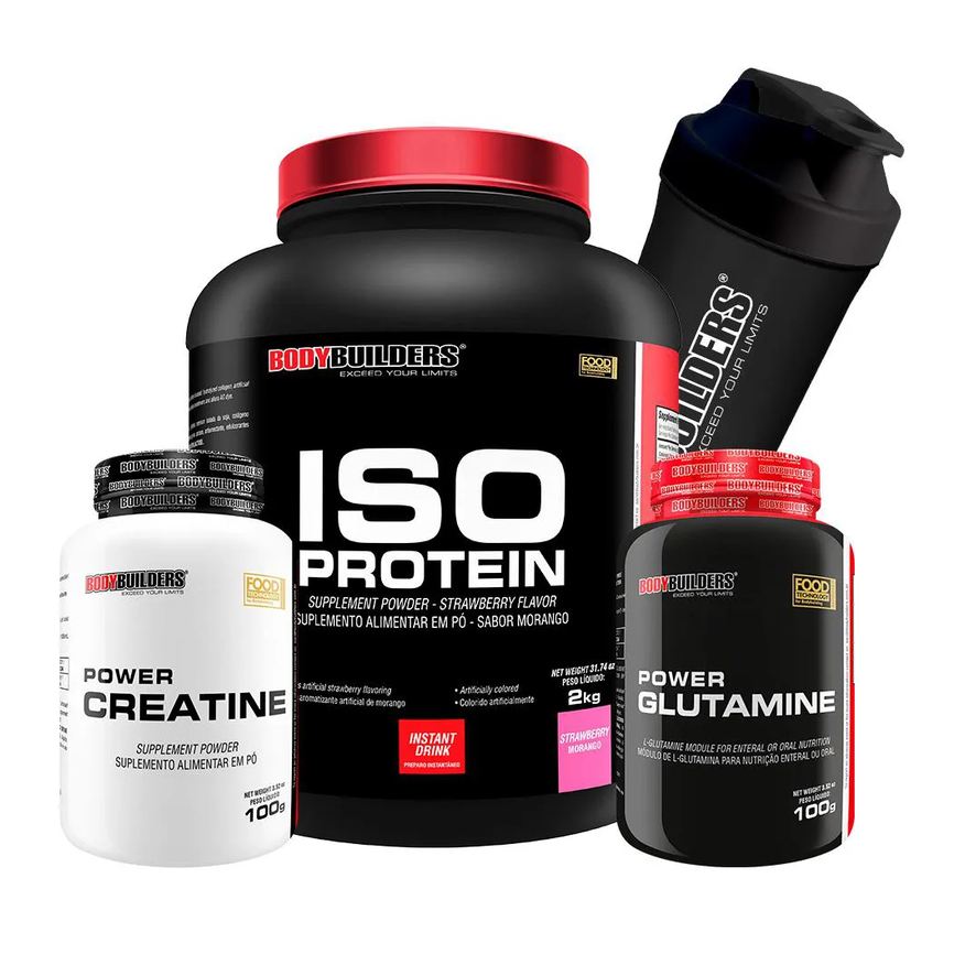 BodyBuilders Kit ISO Protein Morango 2kg + Creatina Power Creatine 100g + Glutamina Power Glutamine 100g + Coqueteleira