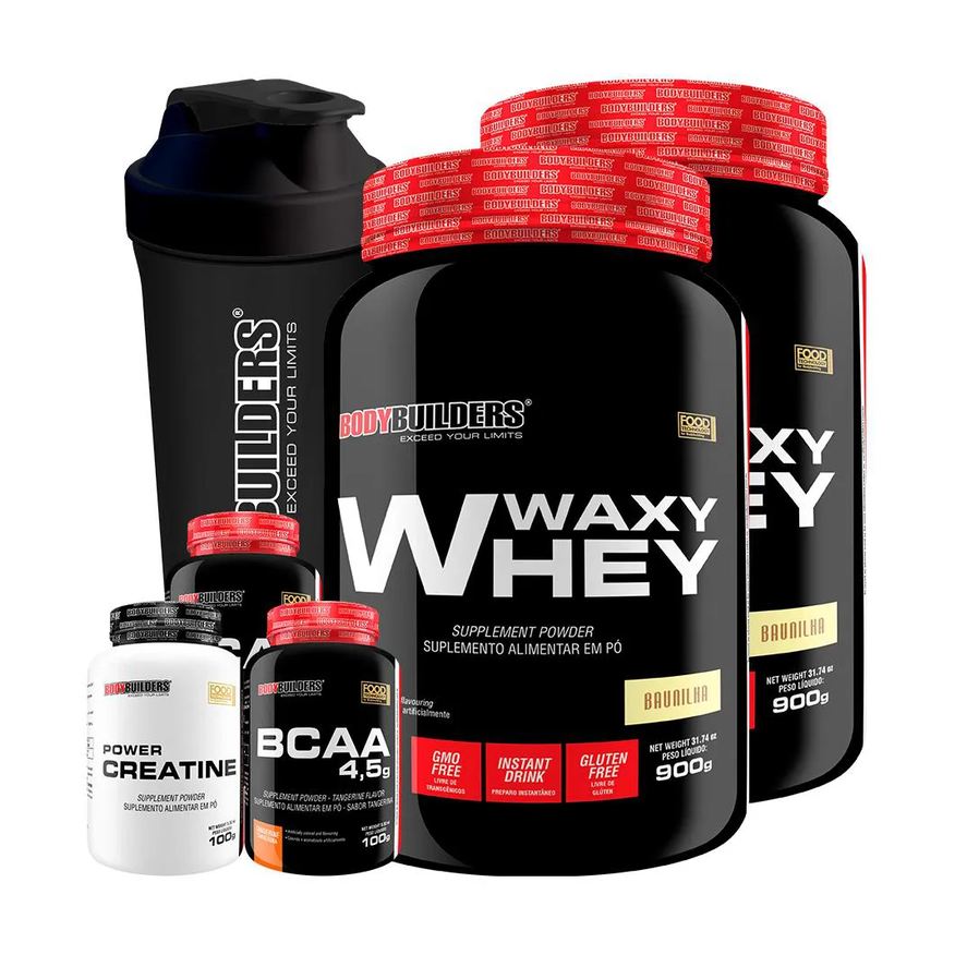 Bodybuilders Kit 2x Waxy Whey 900g + 2x Bcaa 4.5 100g + Power Creatina 100g + Coqueteleira - Baunilha
