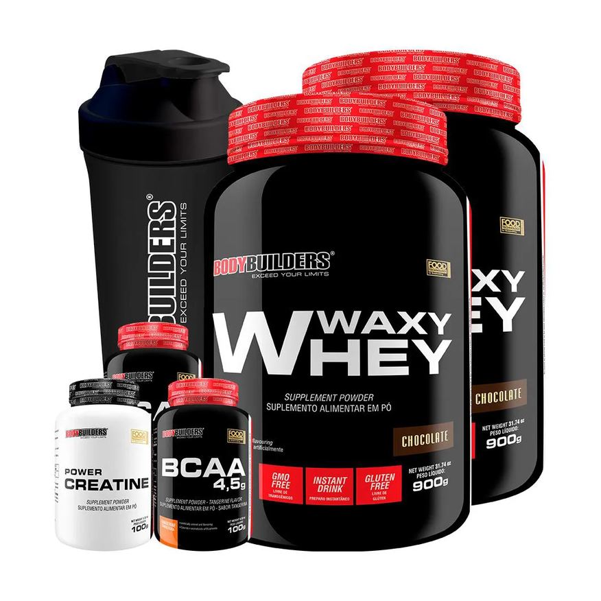 Bodybuilders Kit 2x Waxy Whey 900g + 2x Bcaa 4.5 100g + Power Creatina 100g + Coqueteleira - Chocolate