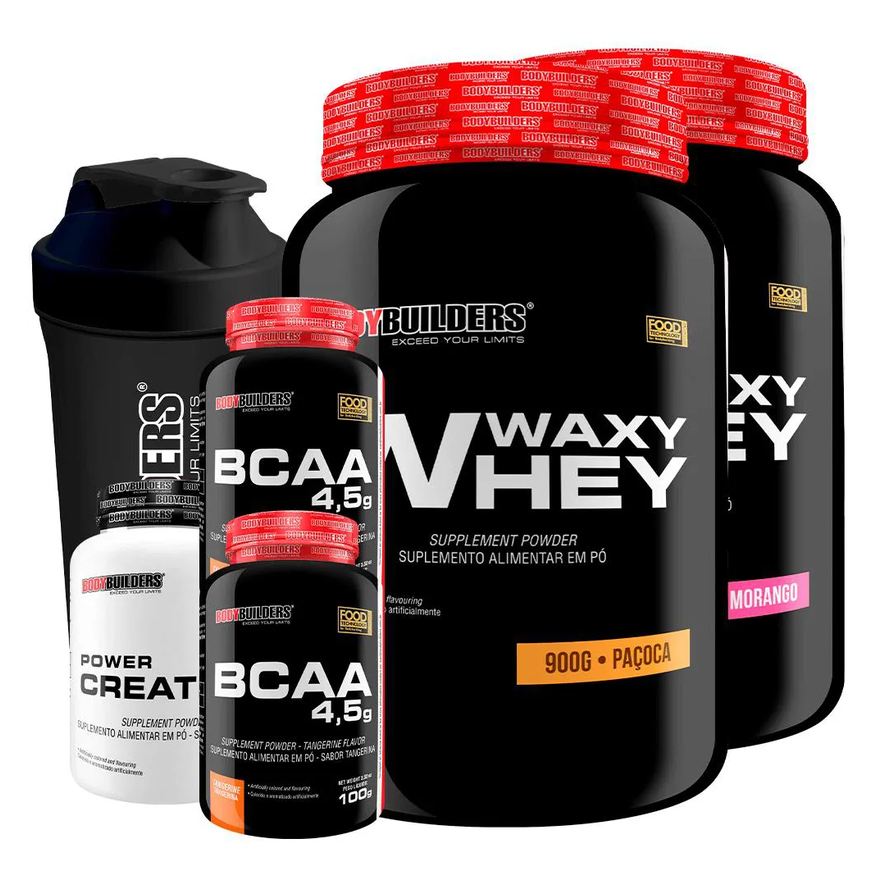 Bodybuilders Kit 2x Waxy Whey 900g + 2x Bcaa 4.5 100g + Power Creatina 100g + Coqueteleira - Morango e Paçoca