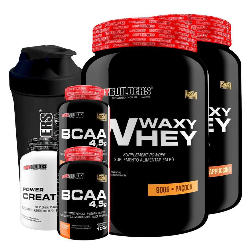 Bodybuilders Kit 2x Waxy Whey 900g + 2x Bcaa 4.5 100g + Power Creatina 100g + Coqueteleira - Cappuccino e Paçoca