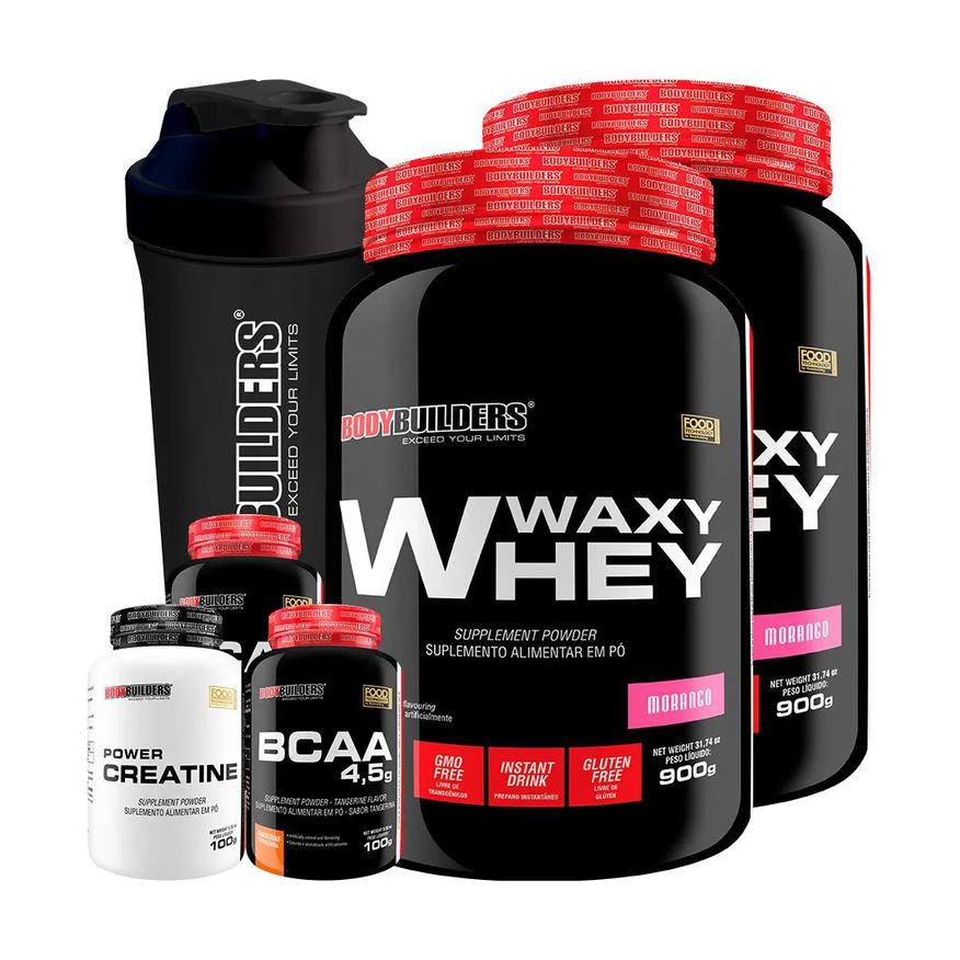 Bodybuilders Kit 2x Waxy Whey 900g + 2x Bcaa 4.5 100g + Power Creatina 100g + Coqueteleira - Morango