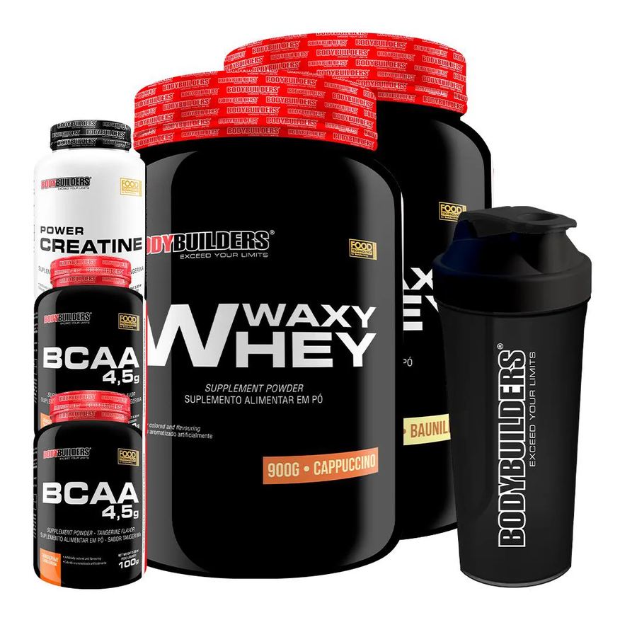 Bodybuilders Kit 2x Waxy Whey 900g + 2x Bcaa 4.5 100g + Power Creatina 100g + Coqueteleira - Baunilha e Cappuccino