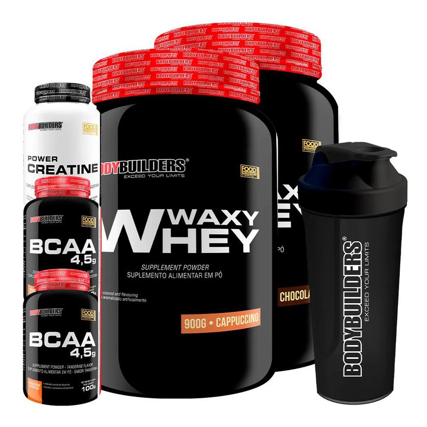 Bodybuilders Kit 2x Waxy Whey 900g + 2x Bcaa 4.5 100g + Power Creatina 100g + Coqueteleira - Chocolate e Cappuccino