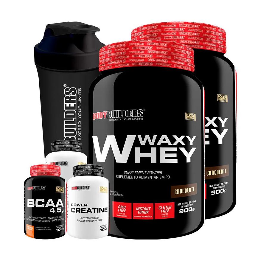 Bodybuilders Kit 2x Waxy Whey 900g + Bcaa 4.5 100g + 2x Power Creatina 100g + Coqueteleira - Chocolate