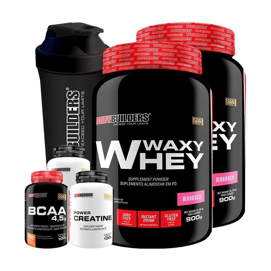 Bodybuilders Kit 2x Waxy Whey 900g + Bcaa 4.5 100g + 2x Power Creatina 100g + Coqueteleira - Morango