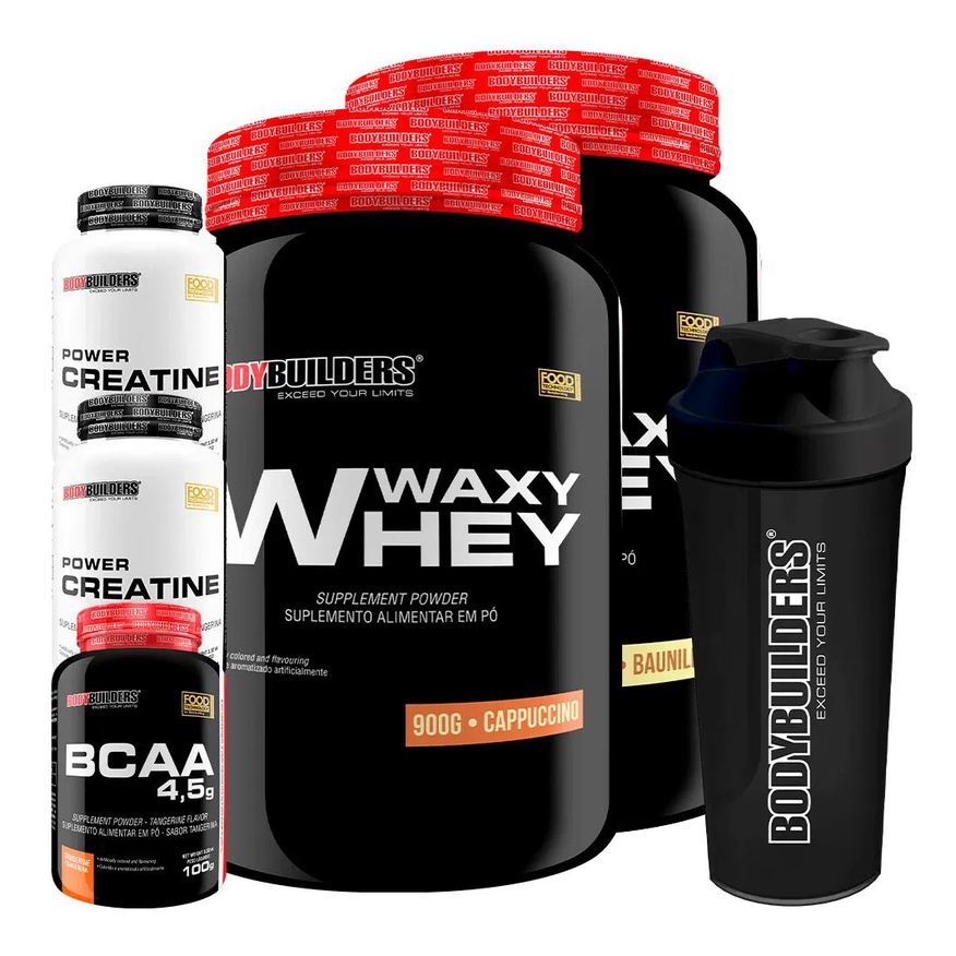Bodybuilders Kit 2x Waxy Whey 900g + Bcaa 4.5 100g + 2x Power Creatina 100g + Coqueteleira - Baunilha e Cappuccino