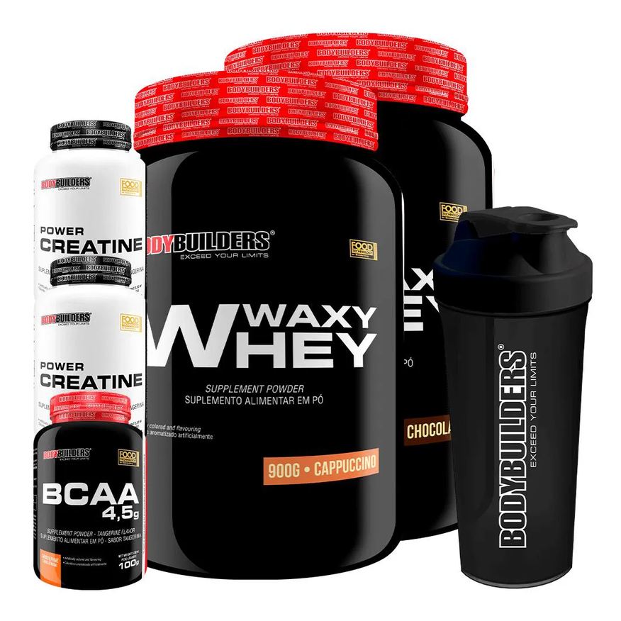 Bodybuilders Kit 2x Waxy Whey 900g + Bcaa 4.5 100g + 2x Power Creatina 100g + Coqueteleira - Chocolate e Cappuccino