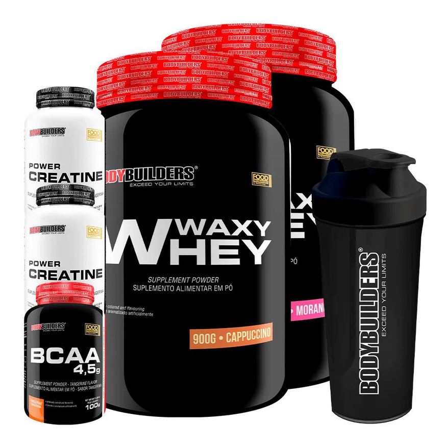 Bodybuilders Kit 2x Waxy Whey 900g + Bcaa 4.5 100g + 2x Power Creatina 100g + Coqueteleira - Morango e Cappuccino