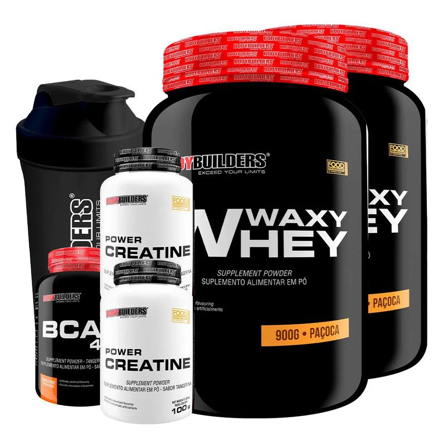 Bodybuilders Kit 2x Waxy Whey 900g + Bcaa 4.5 100g + 2x Power Creatina 100g + Coqueteleira - Paçoca
