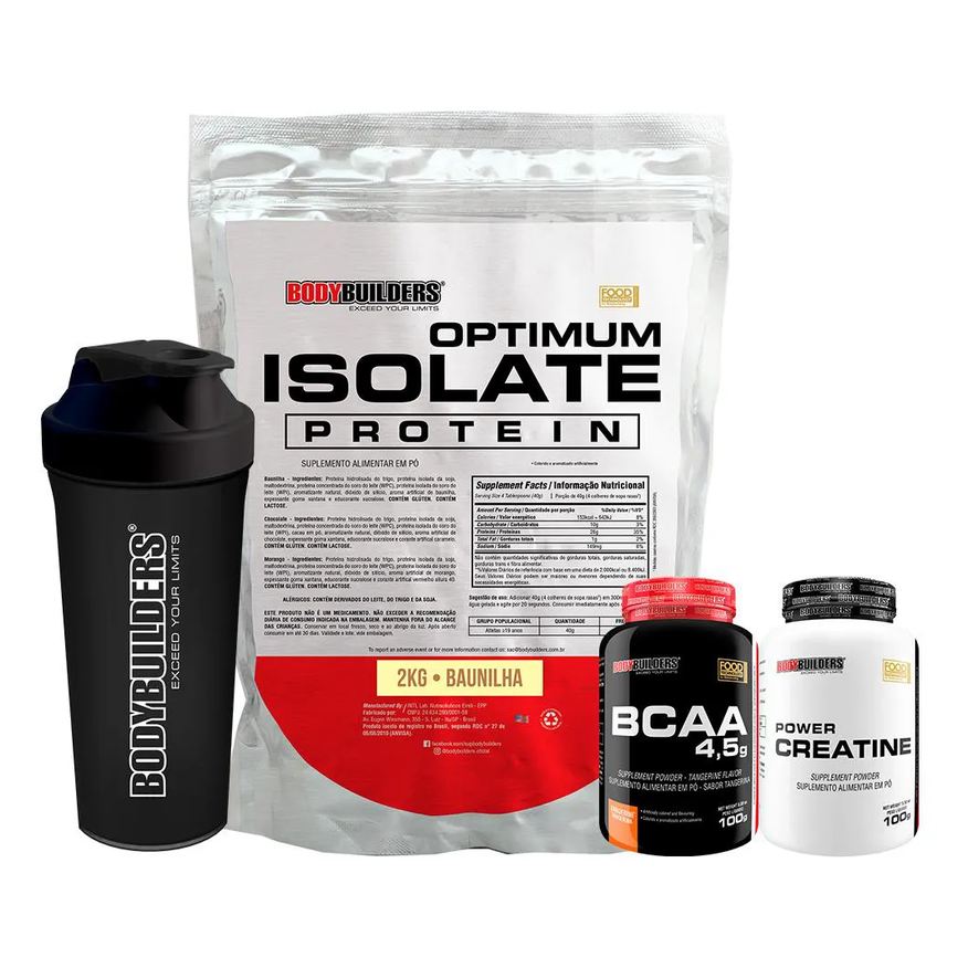 Bodybuilders Kit Optimum Isolate Whey Protein 2kg + Bcaa 100g + Power Creatina 100g + Coqueteleira Sabor Baunilha