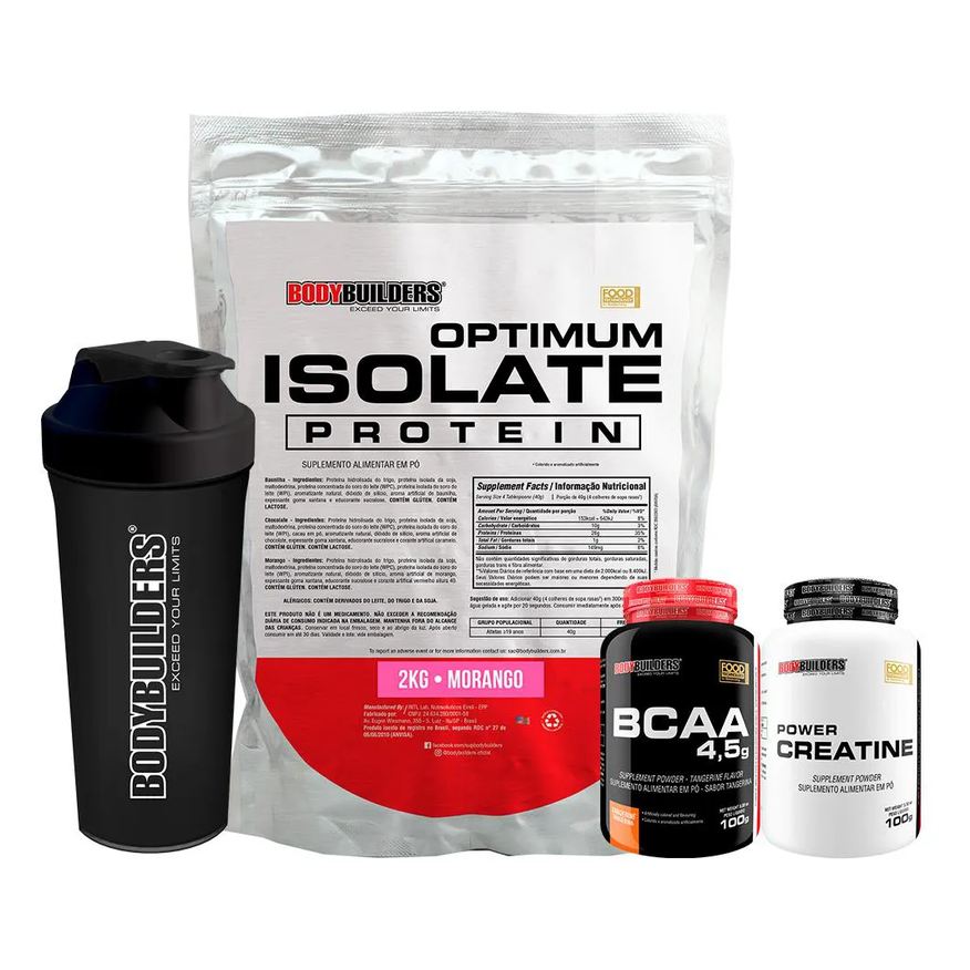 Bodybuilders Kit Optimum Isolate Whey Protein 2kg + Bcaa 100g + Power Creatina 100g + Coqueteleira Sabor Morango