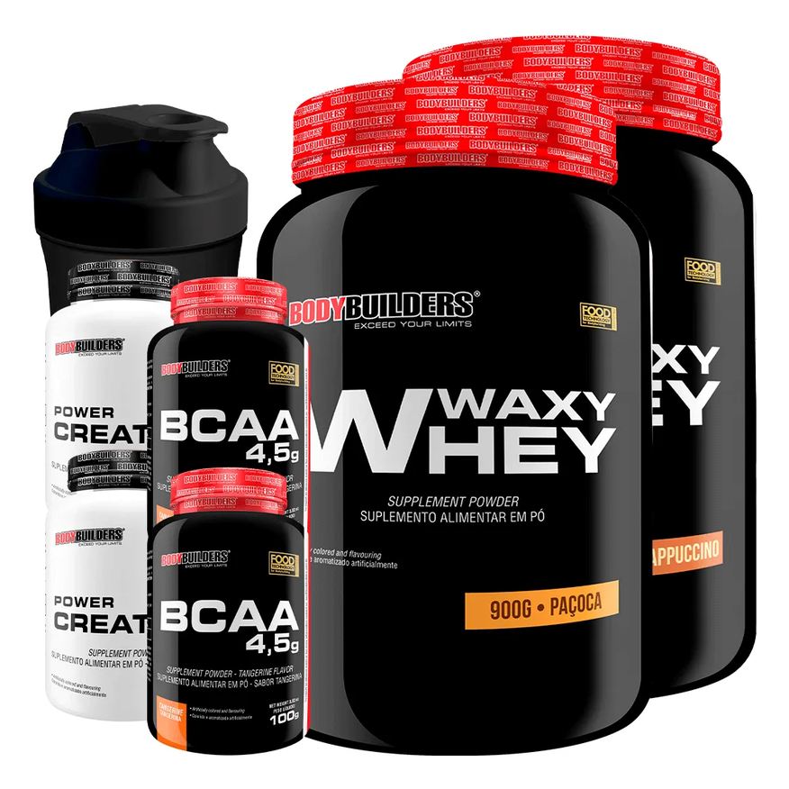 Bodybuilders Kit 2x Waxy Whey 900g + 2x Bcaa 100g Tangerina + 2x Power Creatina 100g + Coq - Cappuccino e Paçoca