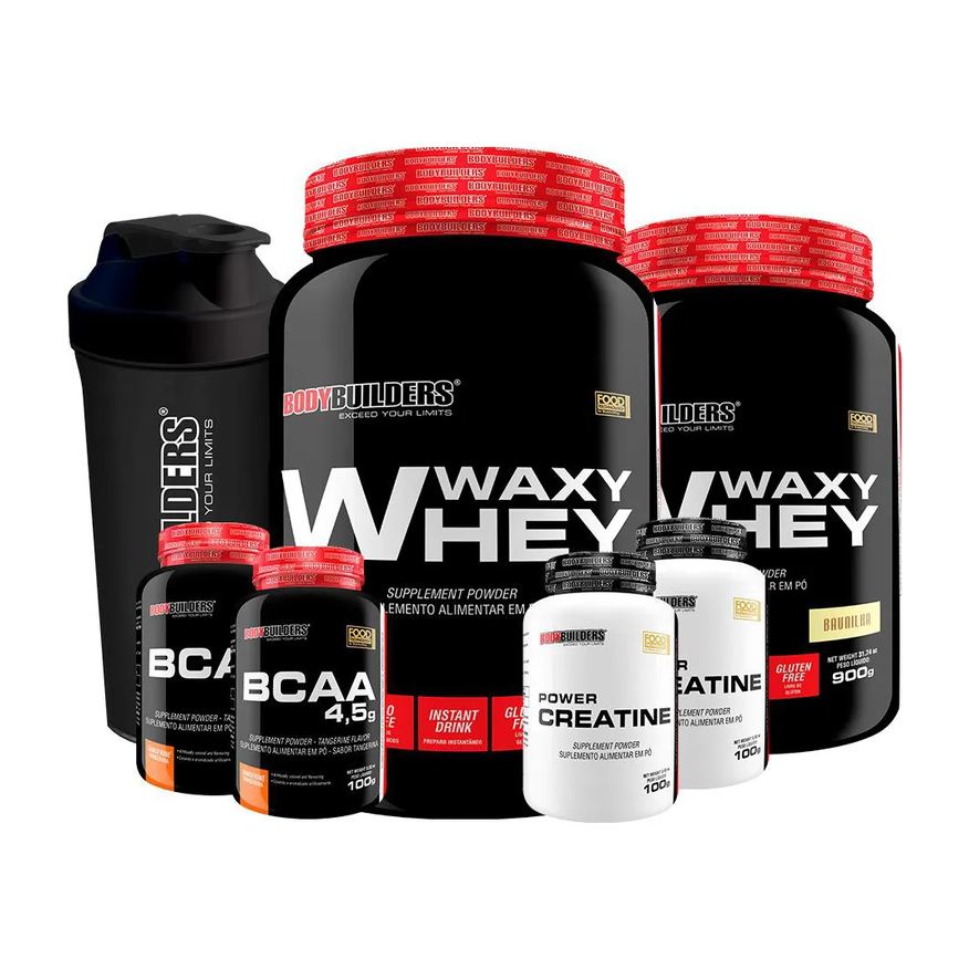 Bodybuilders Kit 2x Waxy Whey 900g Sabor Baunilha + 2x Bcaa 100g Tangerina + 2x Power Creatina 100g + Coqueteleira