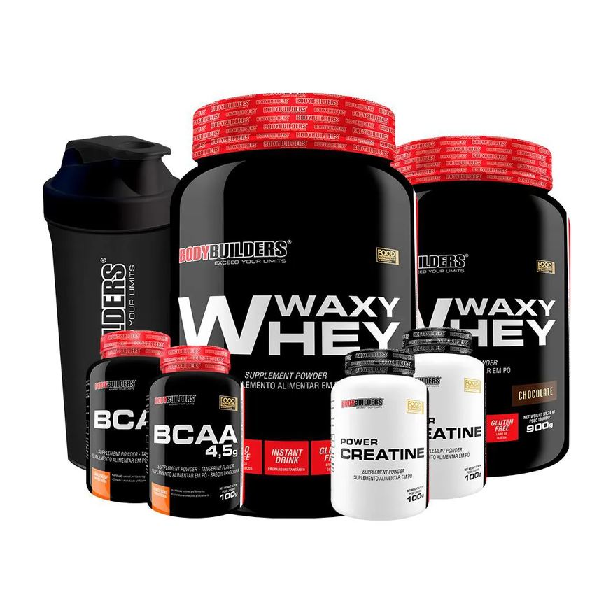 Bodybuilders Kit 2x Waxy Whey 900g Sabor Chocolate + 2x Bcaa 100g Tangerina + 2x Power Creatina 100g + Coqueteleira