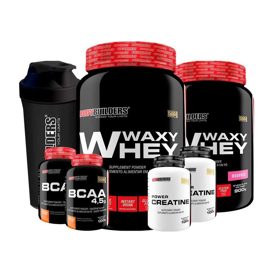 Bodybuilders Kit 2x Waxy Whey 900g Sabor Morango e Baunilha + 2x Bcaa 100g Tangerina + 2x Power Creatina 100g + Coqueteleira