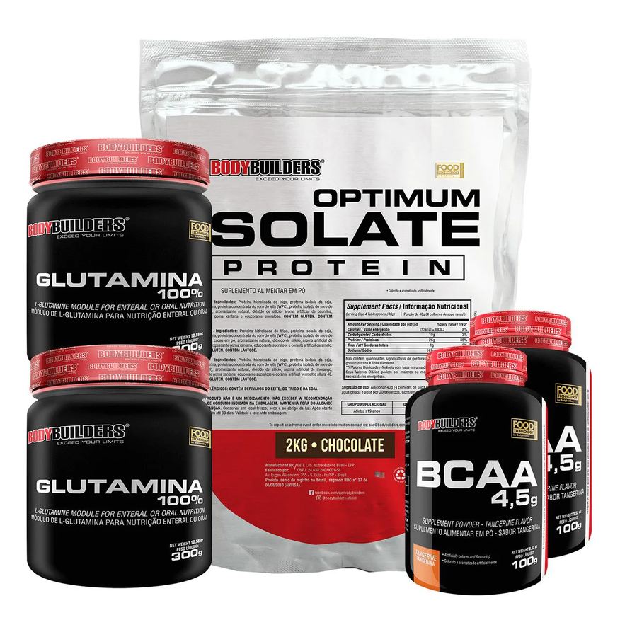 Bodybuilders Kit Optimum Isolate Whey Protein 2kg + 2x Bcaa 100g + 2x Glutamina 300g Sabor Chocolate