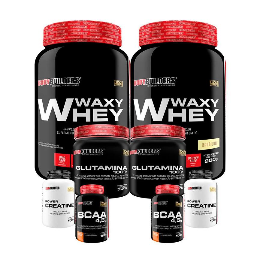 Bodybuilders Kit 2x Waxy Whey 900g + 2x Power Creatina 100g + 2x Glutamina 300g + 2x Bcaa 4.5 100g - Baunilha