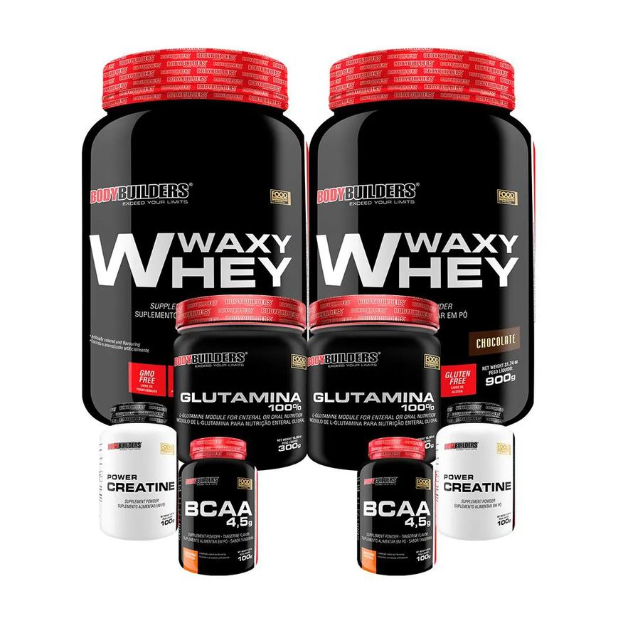 Bodybuilders Kit 2x Waxy Whey 900g + 2x Power Creatina 100g + 2x Glutamina 300g + 2x Bcaa 4.5 100g - Chocolate