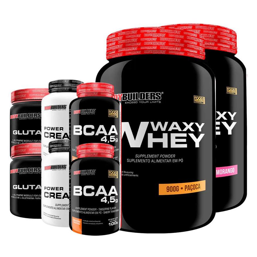 Bodybuilders Kit 2x Waxy Whey 900g + 2x Power Creatina 100g + 2x Glutamina 300g + 2x Bcaa 4.5 100g - Morango e Paçoca