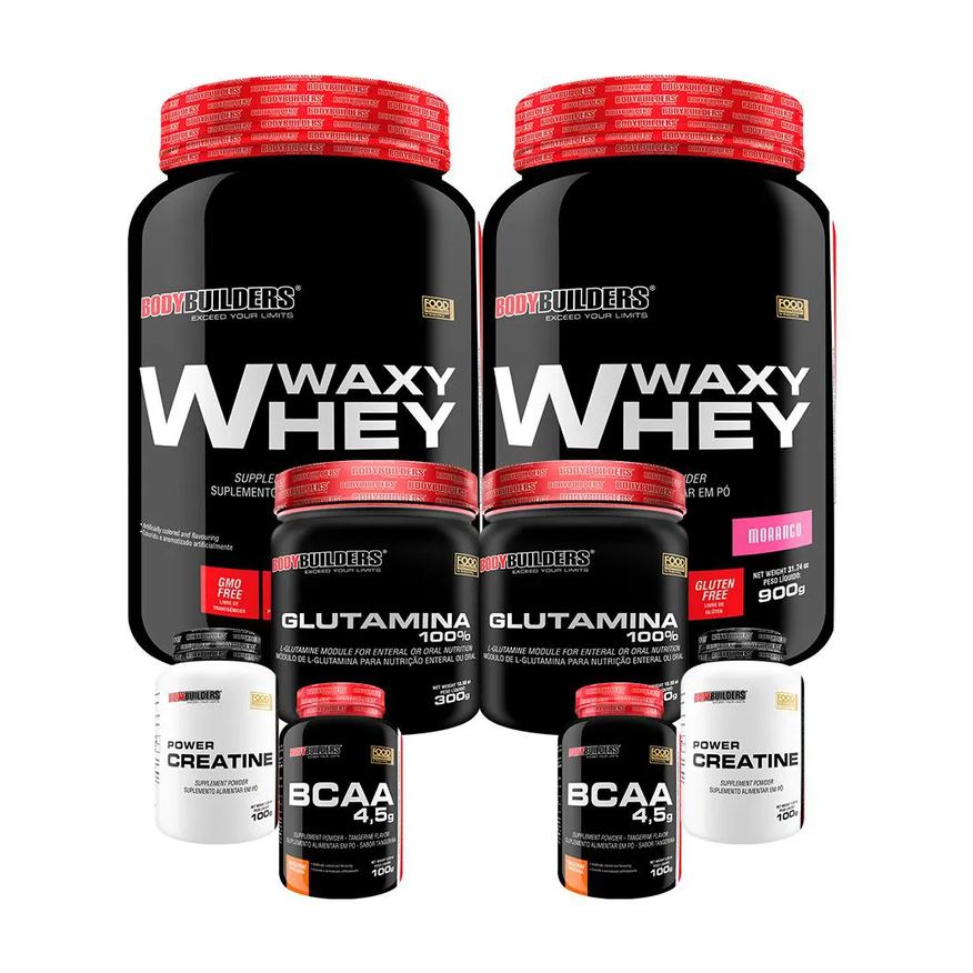 Bodybuilders Kit 2x Waxy Whey 900g + 2x Power Creatina 100g + 2x Glutamina 300g + 2x Bcaa 4.5 100g - Morango