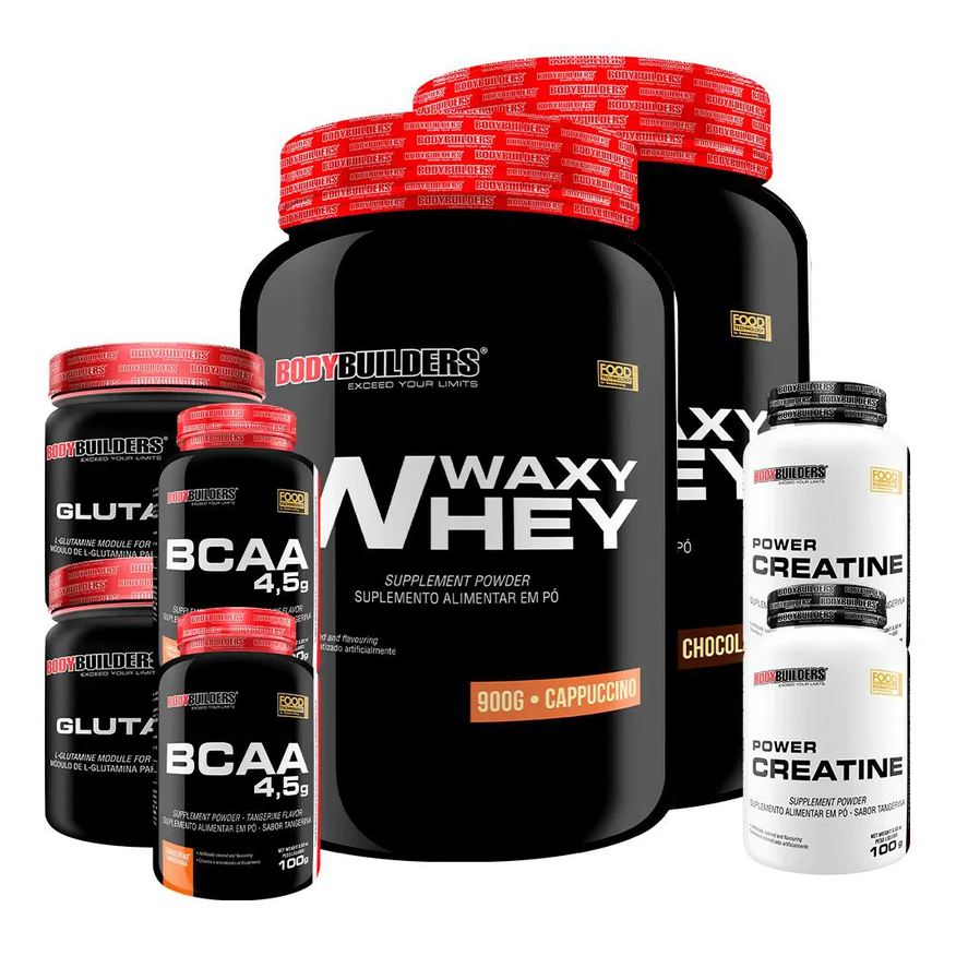 Bodybuilders Kit 2x Waxy Whey 900g + 2x Power Creatina 100g + 2x Glutamina 300g + 2x Bcaa 4.5 100g - Chocolate e Cappuccino