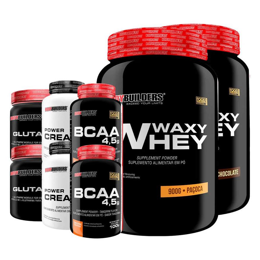 Bodybuilders Kit 2x Waxy Whey 900g + 2x Power Creatina 100g + 2x Glutamina 300g + 2x Bcaa 4.5 100g - Chocolate e Paçoca