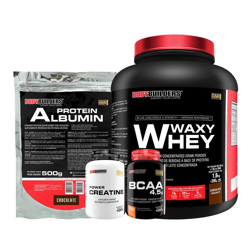 Bodybuilders Kit Waxy Whey 2kg + Albumina 500g + Bcaa 100g Tangerina + Power Creatina 100g