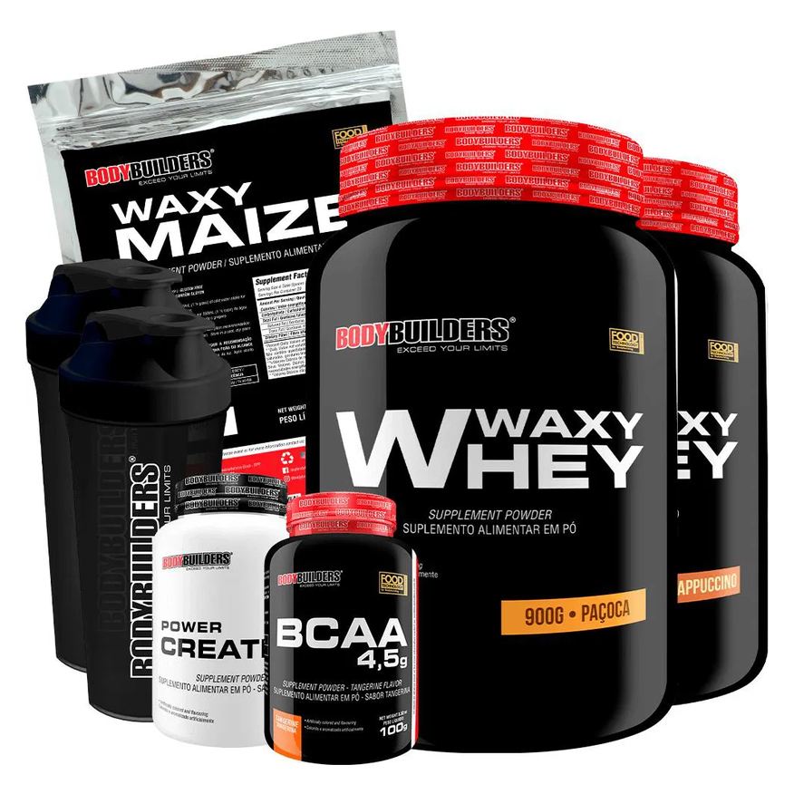 Bodybuilders Kit 2x Waxy Whey 900g + Waxy Maize 800g + Power Creatina 100g + Bcaa 4.5 100g + 2x Coqueteleira - Cappuccino e Paçoca