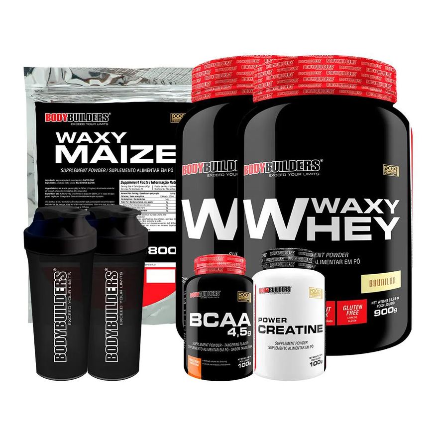 Bodybuilders Kit 2x Waxy Whey 900g + Waxy Maize 800g + Power Creatina 100g + Bcaa 4.5 100g + 2x Coqueteleira - Cappuccino e Baunilha